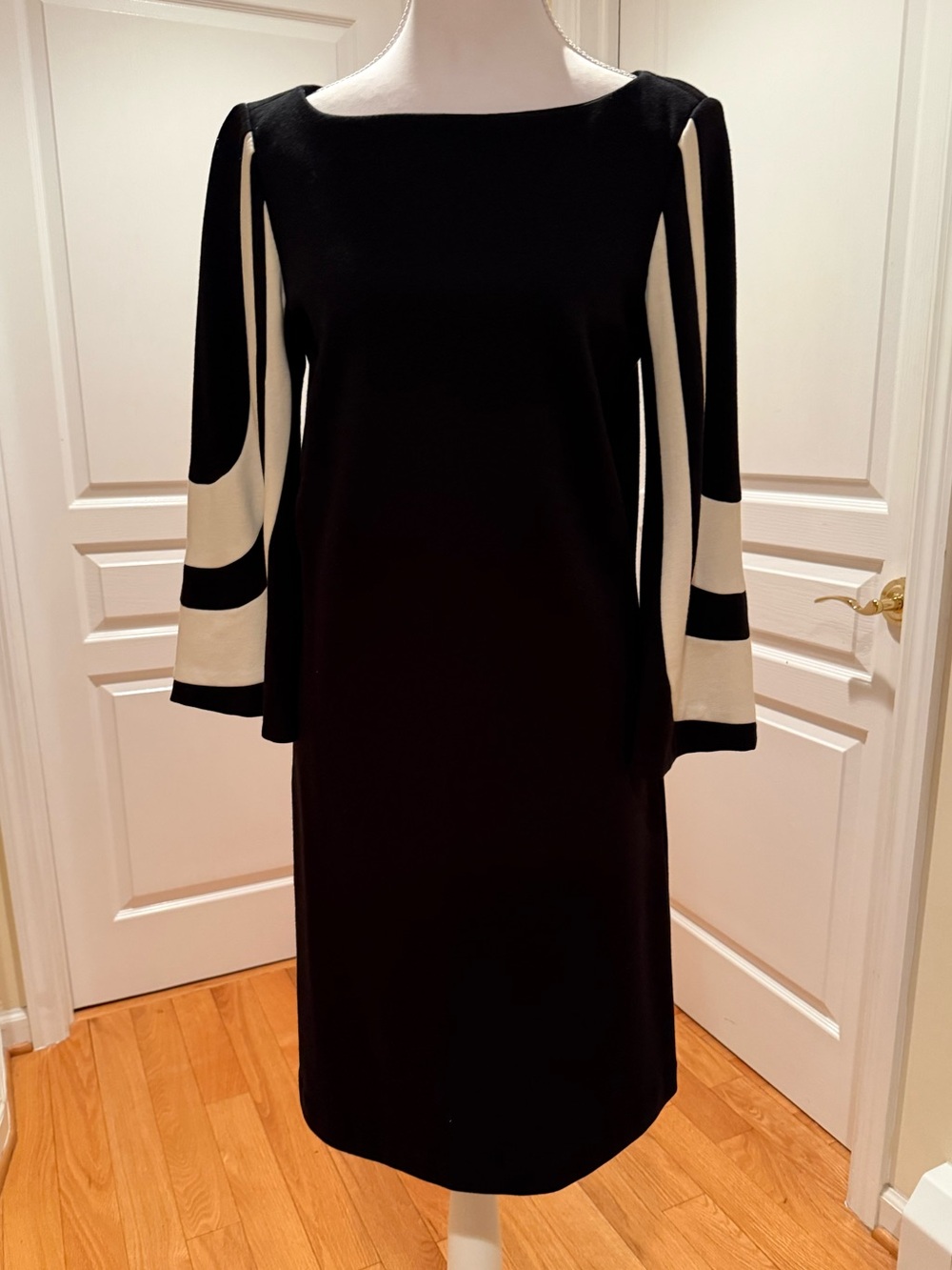 Trina Turk Black and White Mini Dress with Graphic Bell Sleeve Stripes, zipper.